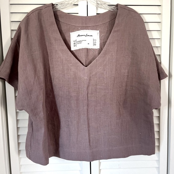 Amour Linen Short Sleeve Blouse Sz Medium Purple Cropped - Picture 4 of 6